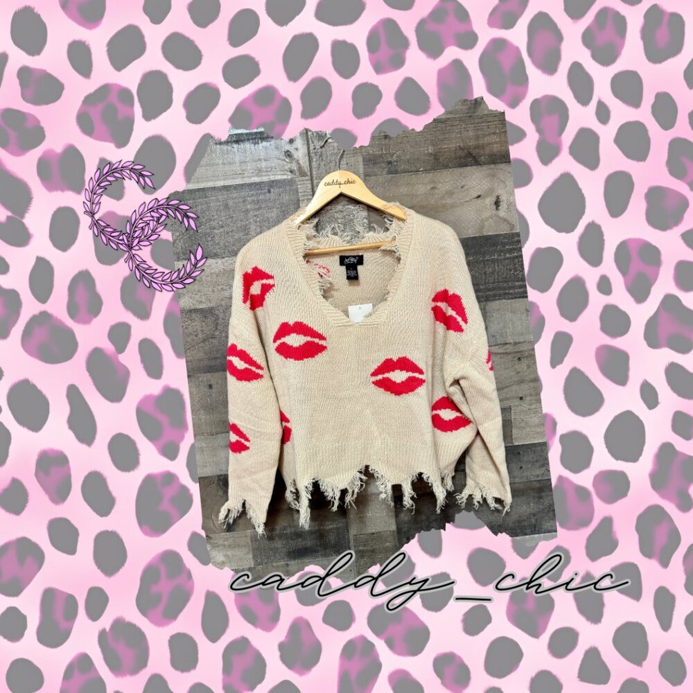 Just Polly x Forever 21 Cropped Sweater Lips Print Size Large NWT